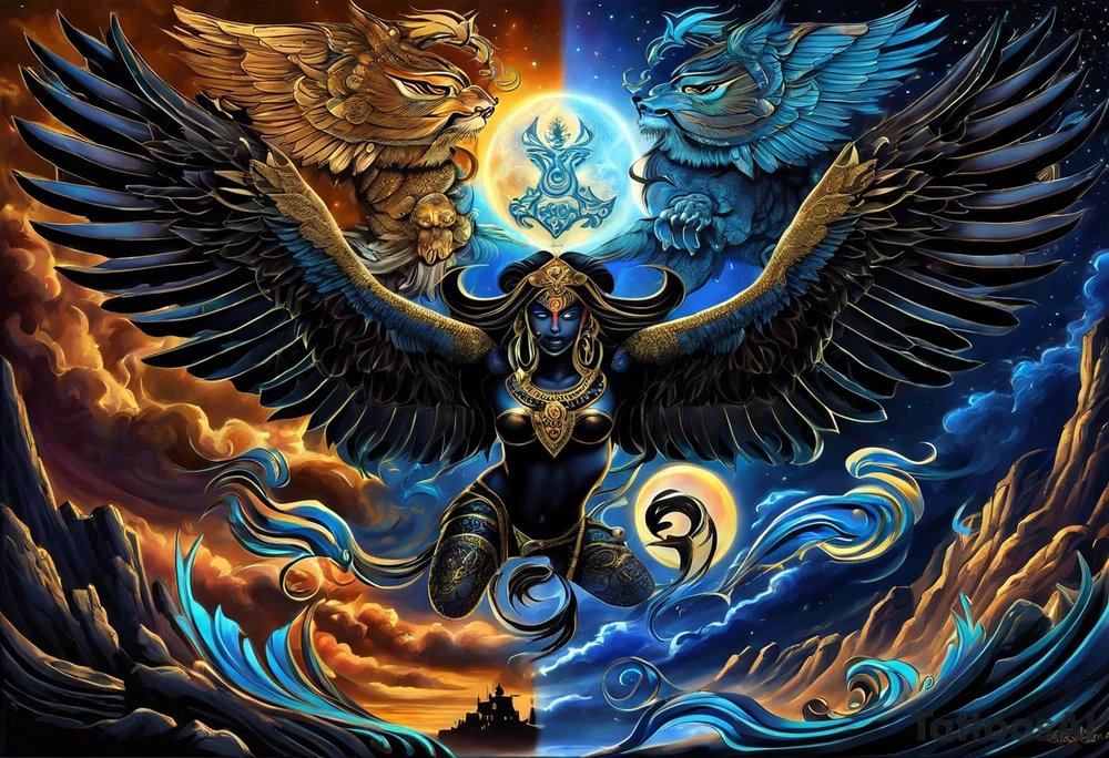 black kali, goddess pirate, alien, angel, pachamama, valkrye, warrior, flying, skull, lotus azul, wing, eagle, zenza resonance, stars, 5D, anahata chakra, death, durga, riding on a tiger, flying lady tattoo idea