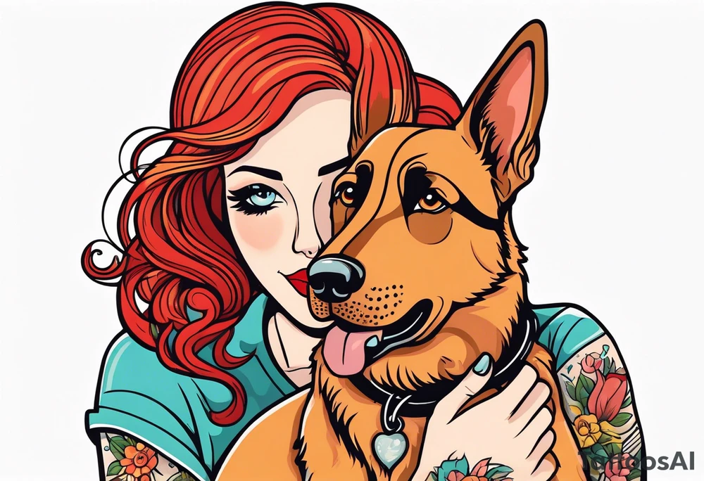 red hair woman with German shepherd dog tattoo idea