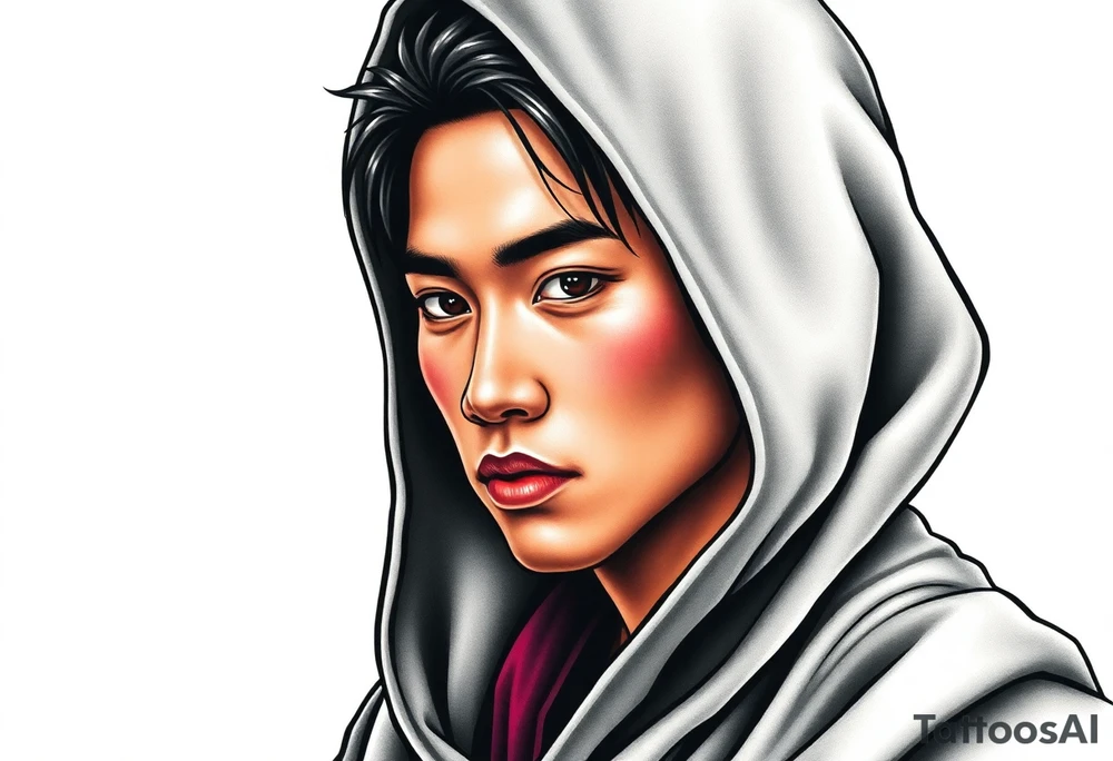 Handsome Asian young guy wearing robe with hood tattoo idea