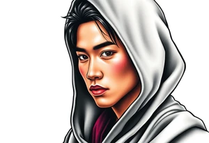 Handsome Asian young guy wearing robe with hood tattoo idea