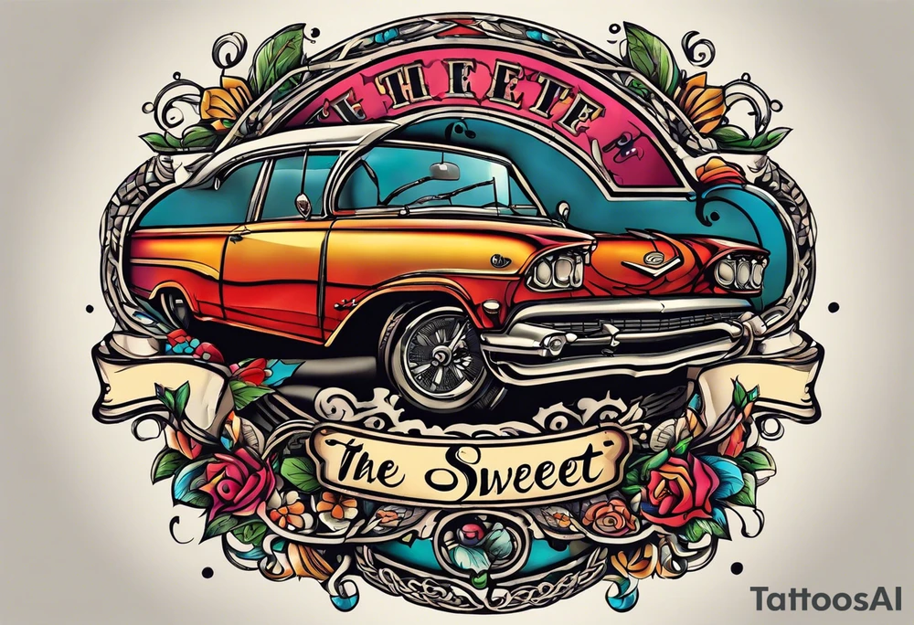 bold, colorful, includes the words "The Sweet Ink", in a circle design tattoo idea