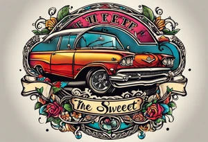 bold, colorful, includes the words "The Sweet Ink", in a circle design tattoo idea