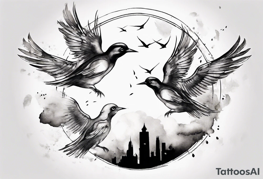 shoulder tattoo with light rays with birds flying free among the clouds, round shape, 3d effect tattoo idea shoulder tattoo with light rays with birds flying free among the clouds, round shape, 3d effect tattoo idea