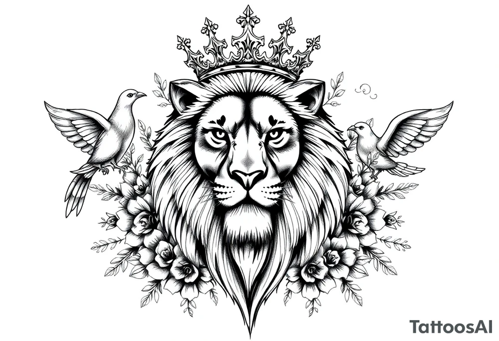 powerful majestic lion with a crown, surrounded by floral ornaments and birds tattoo idea