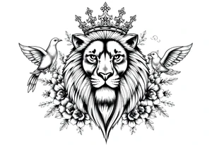 powerful majestic lion with a crown, surrounded by floral ornaments and birds tattoo idea