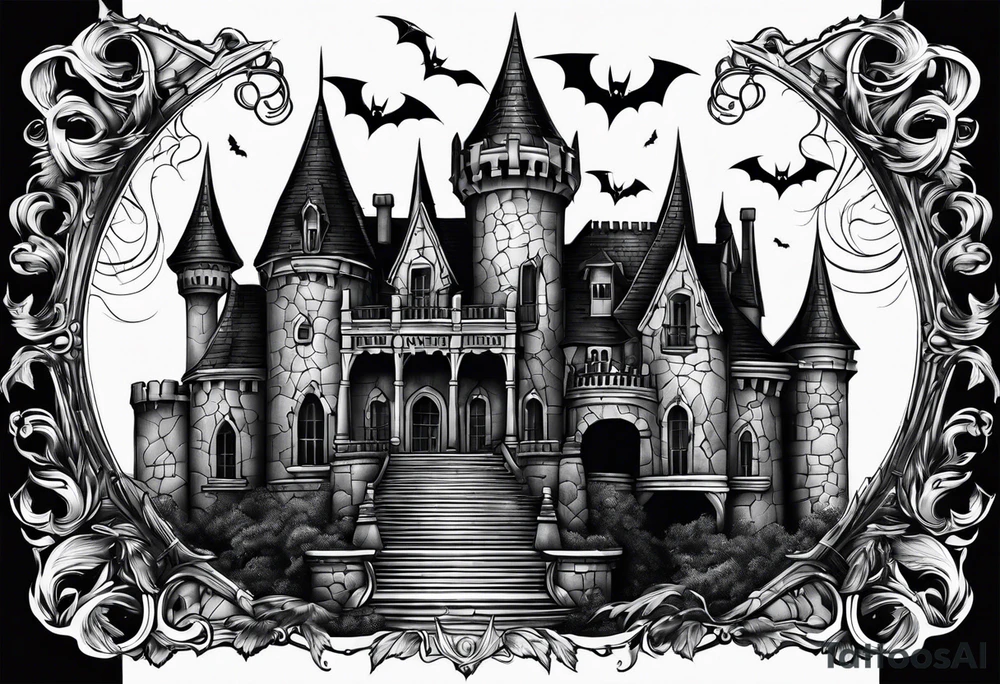 Vampire castle with bats tattoo idea