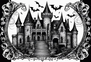 Vampire castle with bats tattoo idea