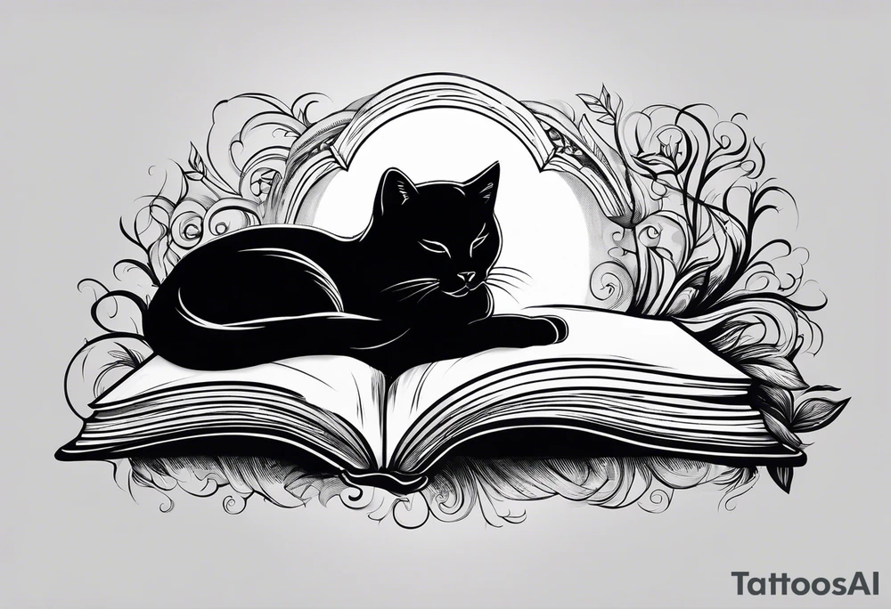 black sillhouette cat sleeping with a book sleeve tattoo tattoo idea