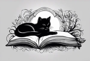 black sillhouette cat sleeping with a book sleeve tattoo tattoo idea