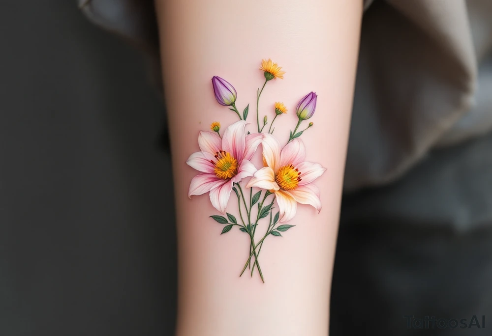 Small Stargazer lillies pale pink with no outline 
with small yellow sunflowers and sunflower buds and pale purple tulip buds in a dainty wildflower bouquet with light green stems. Low detail. tattoo idea