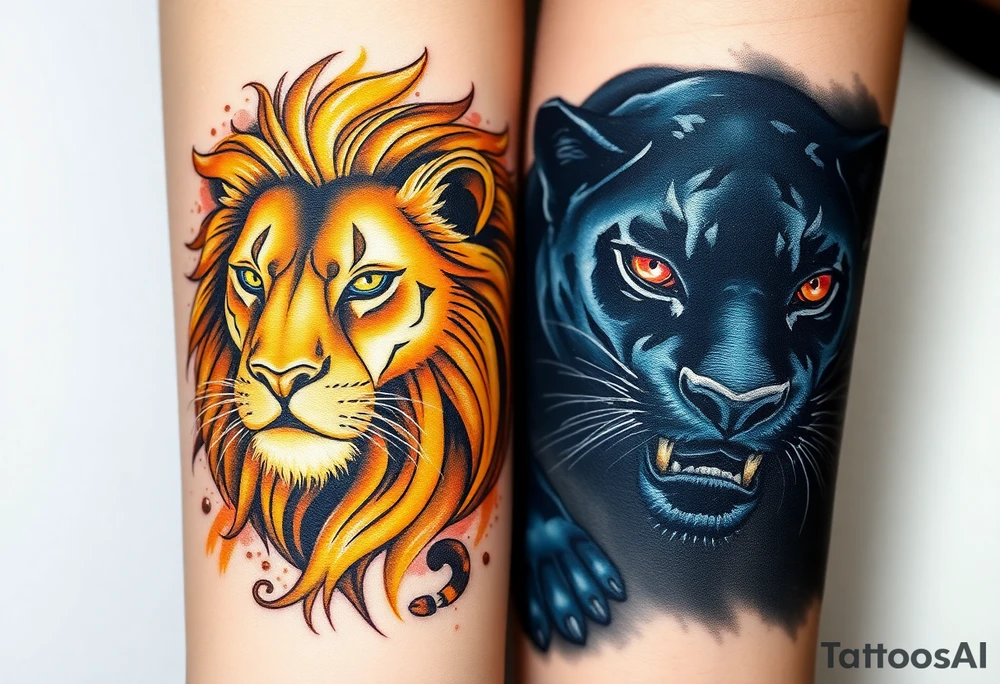 A golden lion, with a regal mane and glowing eyes, surrounded by light and strength, contrasted by a shadowy panther, prowling with glowing red eyes in deep blackness, representing protection and lurking danger. tattoo idea