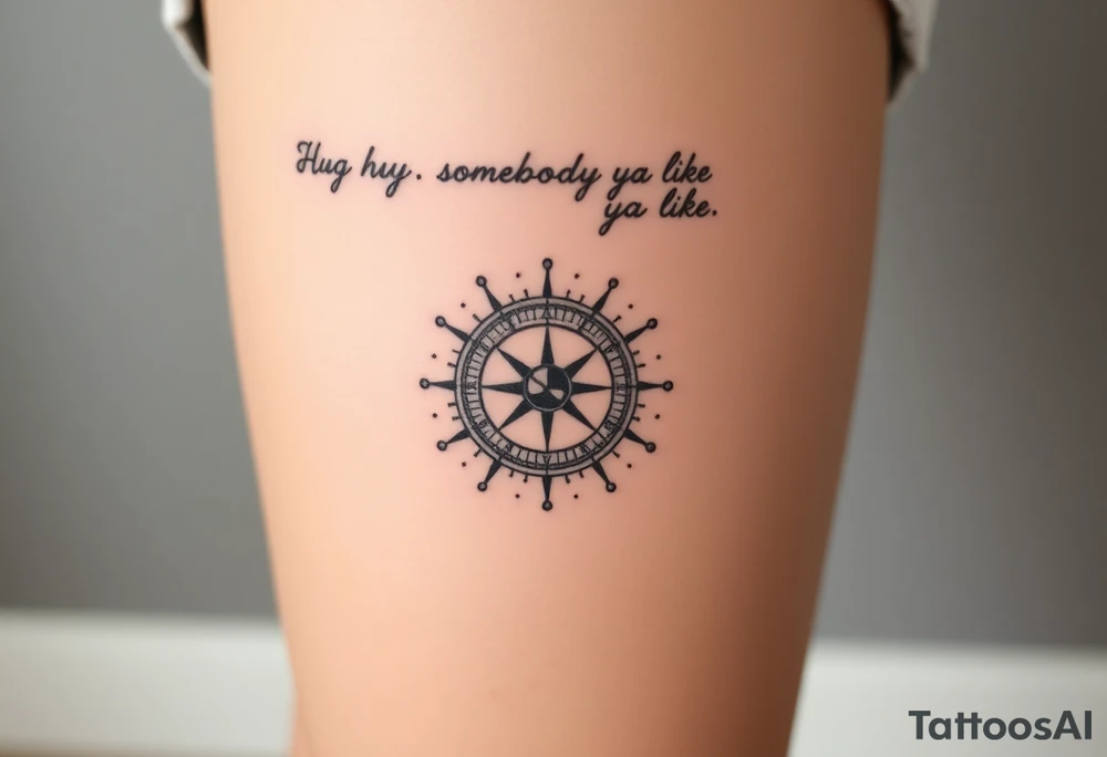 Three dimensional sundial casting shadow with handwriting “Hug somebody ya like” above. tattoo idea