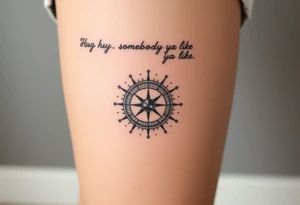 Three dimensional sundial casting shadow with handwriting “Hug somebody ya like” above. tattoo idea
