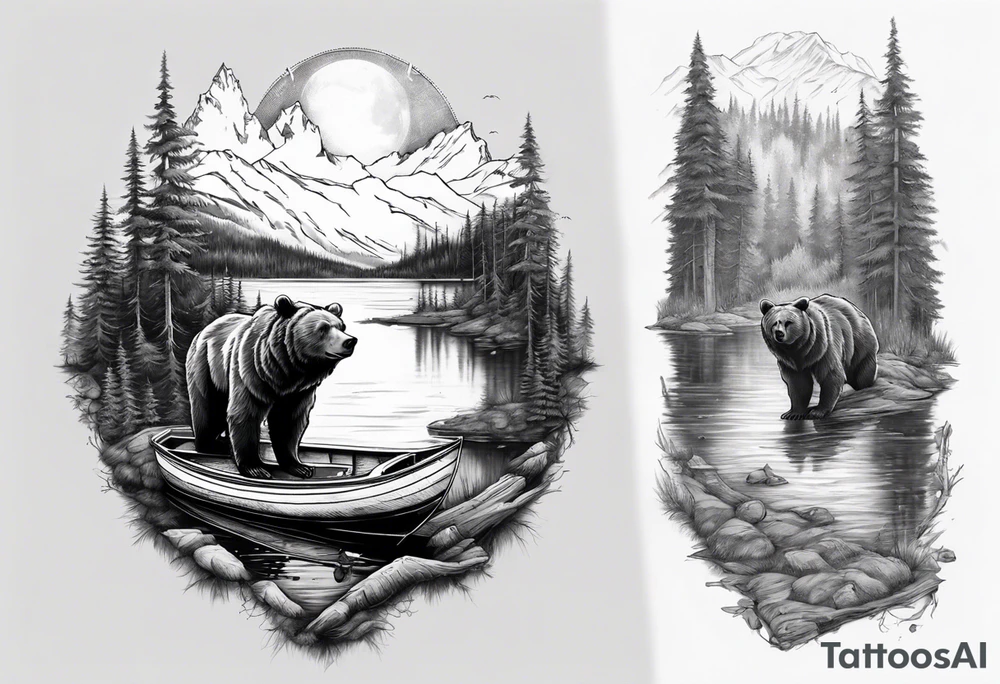 bear head right above the forest line with a lake below with a small fisher boat floating on it, full sleeve tattoo tattoo idea