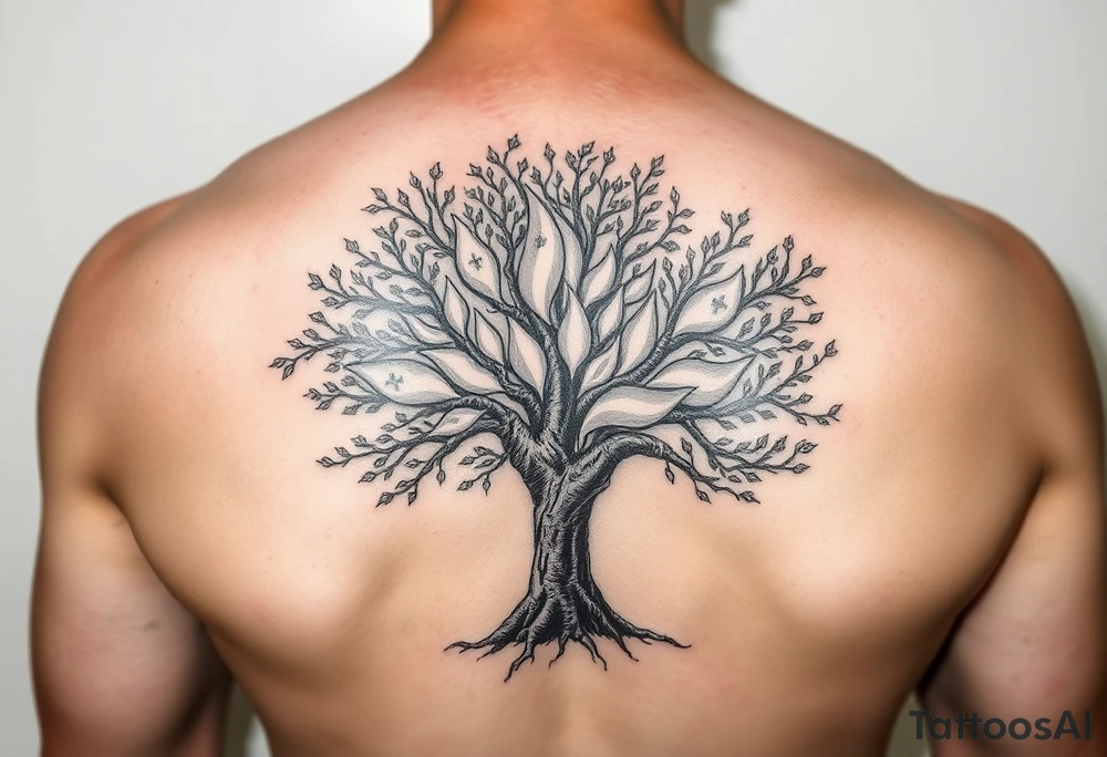 Tree with leaves that are country flags from Prussia,  Ireland, wales, scotland, England, and catawba tribe tattoo idea