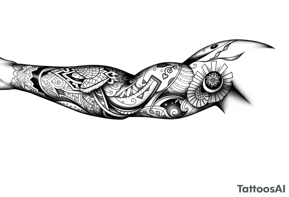Sicilian Forearm tribal sleeve with patterns and symbols tattoo idea