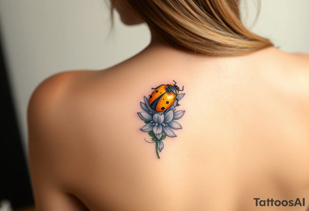 Golden or yellow ladybug on a lavender flower tattoo idea