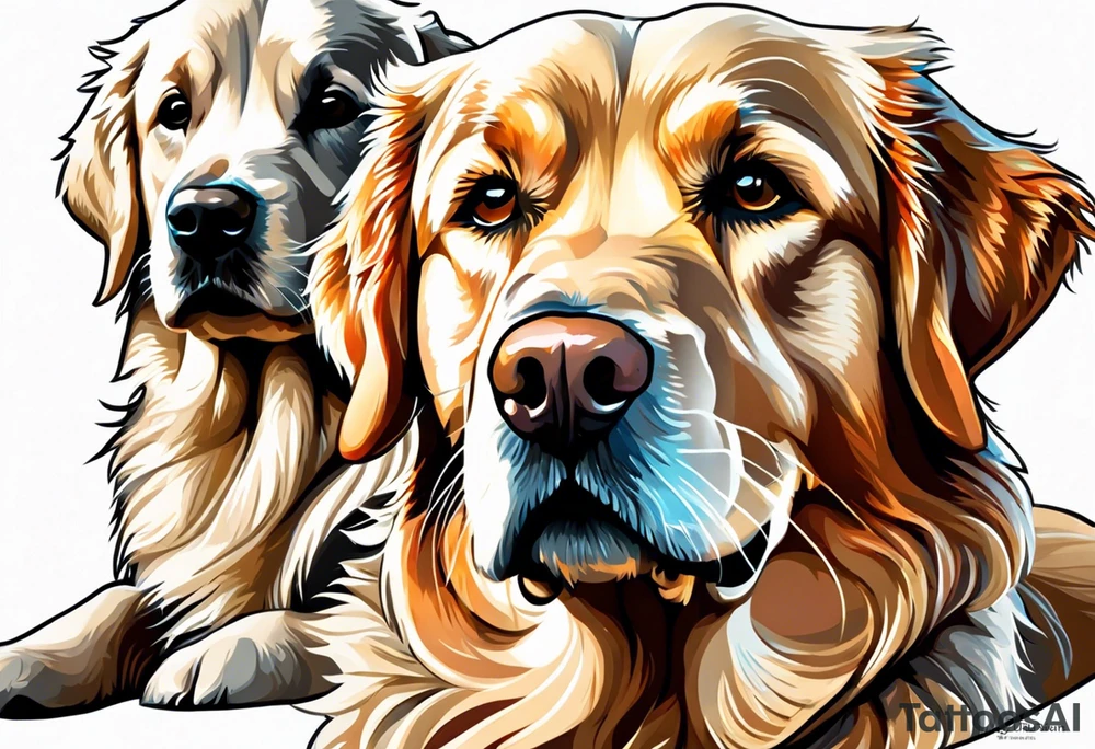 two dogs one is a dark colored golden retriever and the other is a light colored Labrador. They are happy. tattoo idea