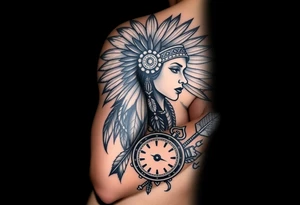 Native American girl with headdress in the sun a compass and a clock and arrowhead tattoo idea