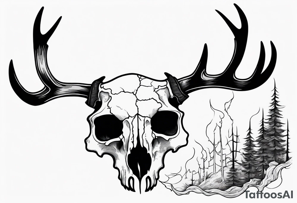Halloween side view of a DECAYING deer skull JUST BONE surrounded by a forest fire in background tattoo idea