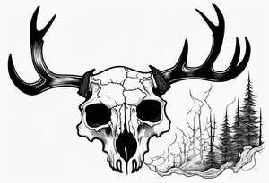 Halloween side view of a DECAYING deer skull JUST BONE surrounded by a forest fire in background tattoo idea