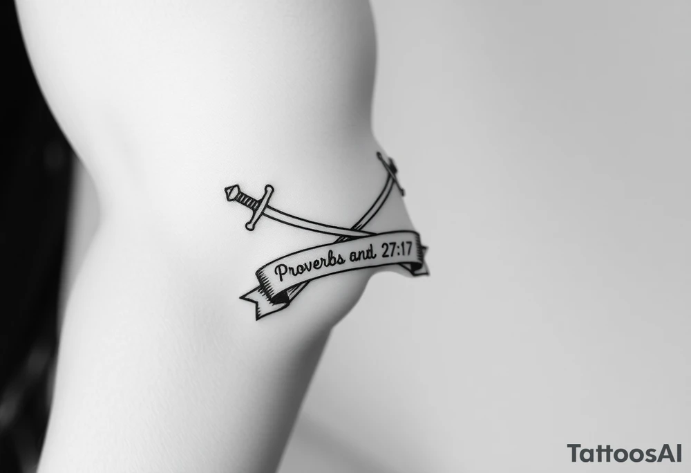 Two crossed swords in a forearm tattoo sketch style, with a flowing banner that reads “Proverbs 27:17” Black ink, simple and bold. tattoo idea