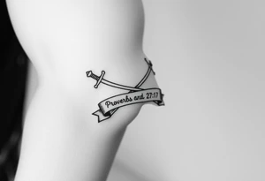 Two crossed swords in a forearm tattoo sketch style, with a flowing banner that reads “Proverbs 27:17” Black ink, simple and bold. tattoo idea