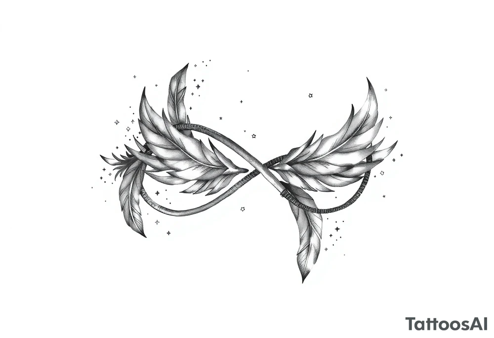 infinity symbol woven with floating feathers and stardust tattoo idea