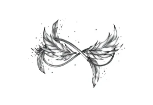infinity symbol woven with floating feathers and stardust tattoo idea