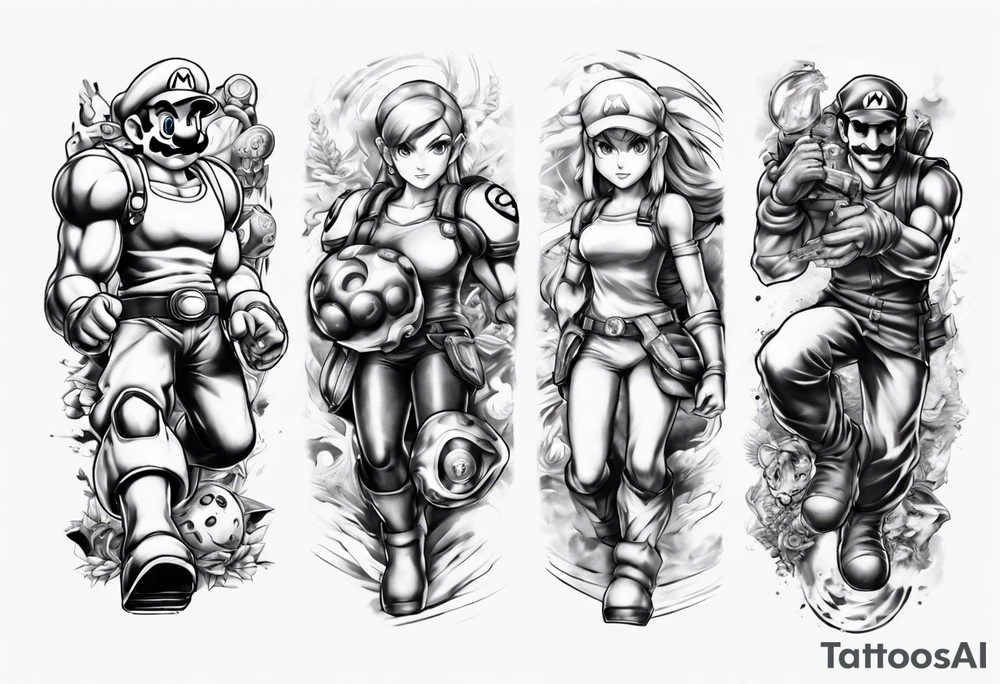 Arm sleeve with Mario, Samus Aran and Link in a realistic anime style tattoo idea