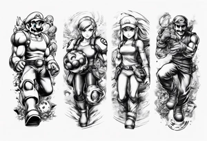 Arm sleeve with Mario, Samus Aran and Link in a realistic anime style tattoo idea