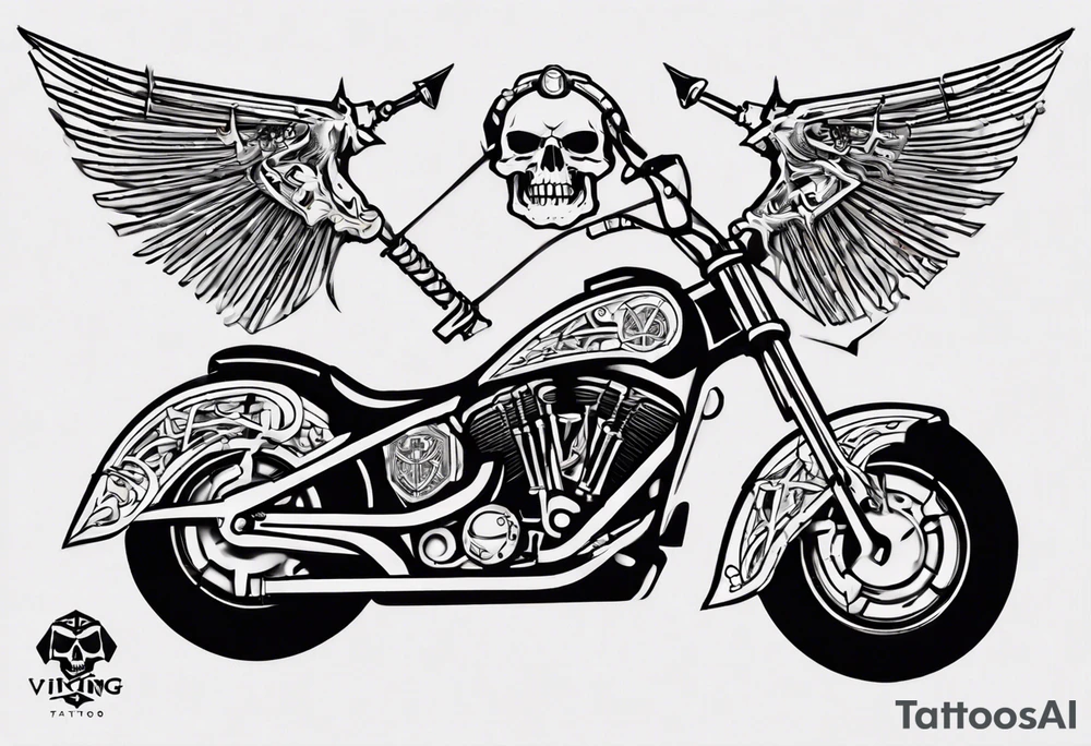 I want a tattoo of a motorcycle and a skeleton in the back with the name “Viking Customs” incorporated in the design tattoo idea