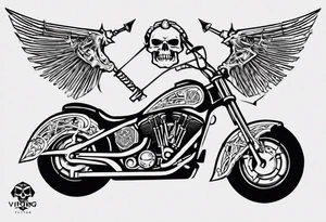 I want a tattoo of a motorcycle and a skeleton in the back with the name “Viking Customs” incorporated in the design tattoo idea