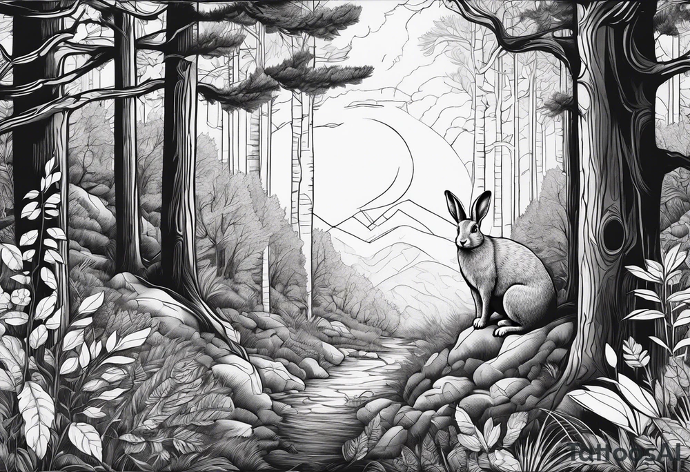 Dense forest with a rabbit between the trees tattoo idea