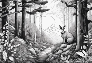 Dense forest with a rabbit between the trees tattoo idea