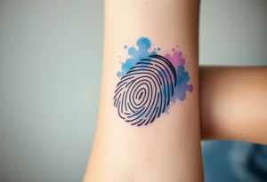 A fingerprint dissolving into soft watercolor splashes in blue and lavender, symbolizing fluidity and emotional depth tattoo idea