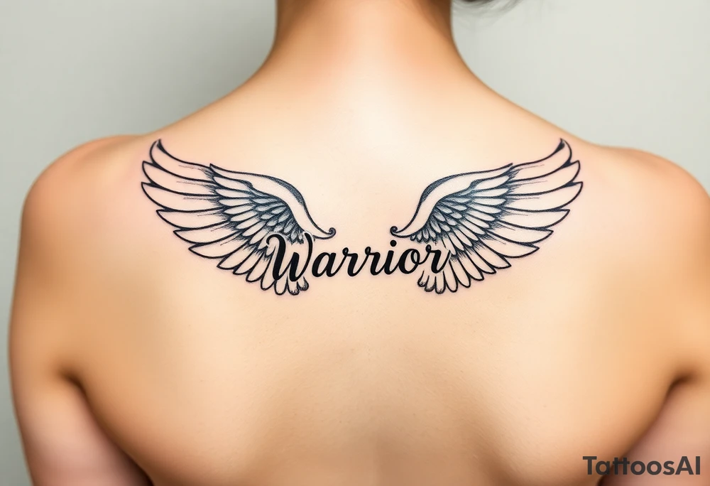 beautiful single angel wing with word "Warrior" tattoo idea
