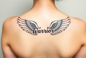 beautiful single angel wing with word "Warrior" tattoo idea
