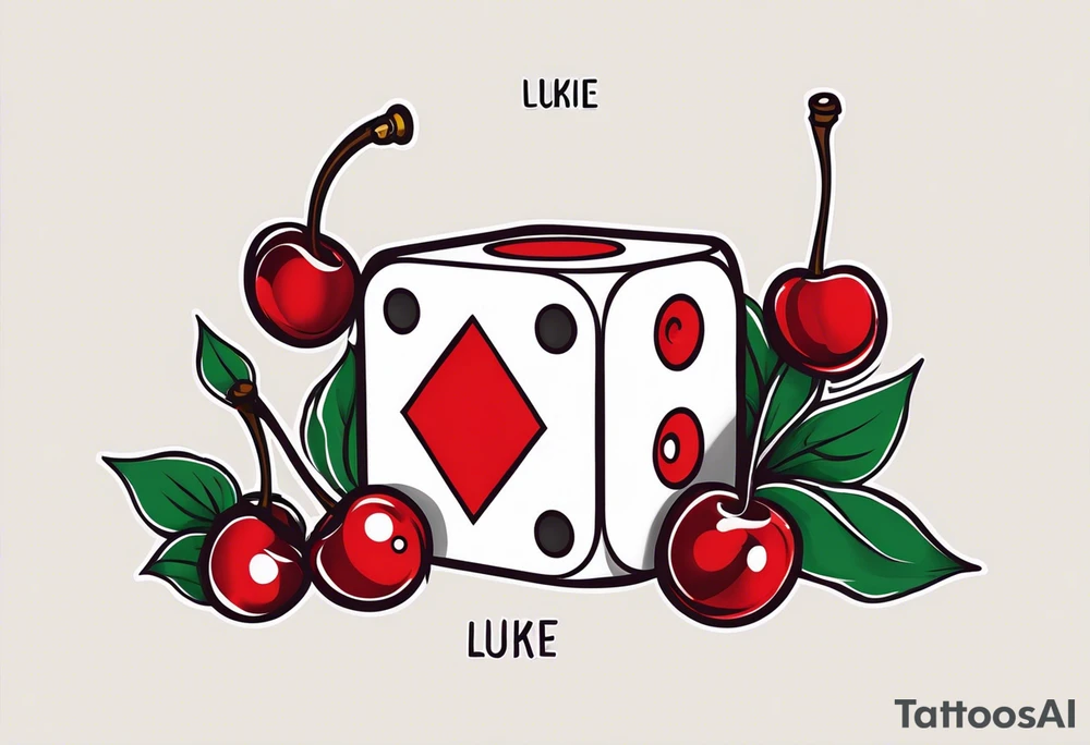 the name  “lukie” with dice to right and cherry to left tattoo idea