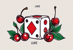 the name  “lukie” with dice to right and cherry to left tattoo idea