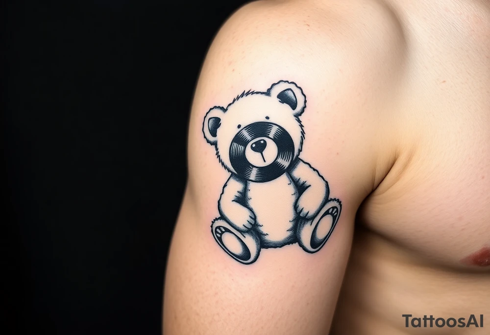 minimalist teddy bear with vinyl records as eyes smiling and sitting on a record tattoo idea