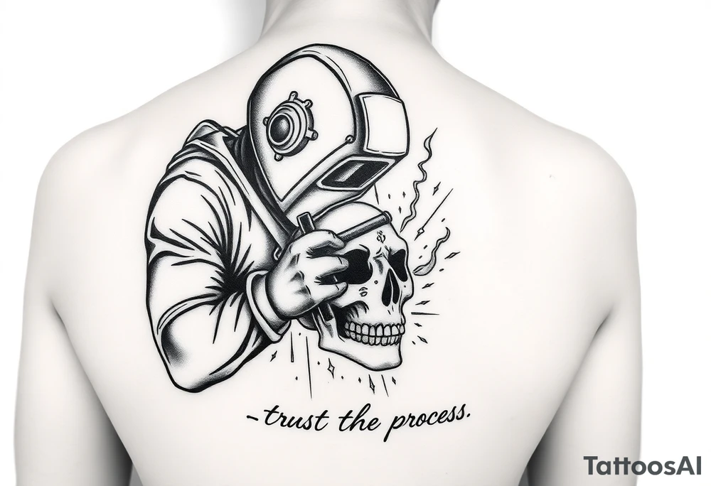Create a tattoo, in black and white, of a welder, wearing a welder's helmet, from only the arms up, welding on a skull Include sparks, and subtle smoke throughout as well as the quote, trust the process, at the bottom where the arm meets the wrist. This needs to be sized for a forearm, tattoo idea