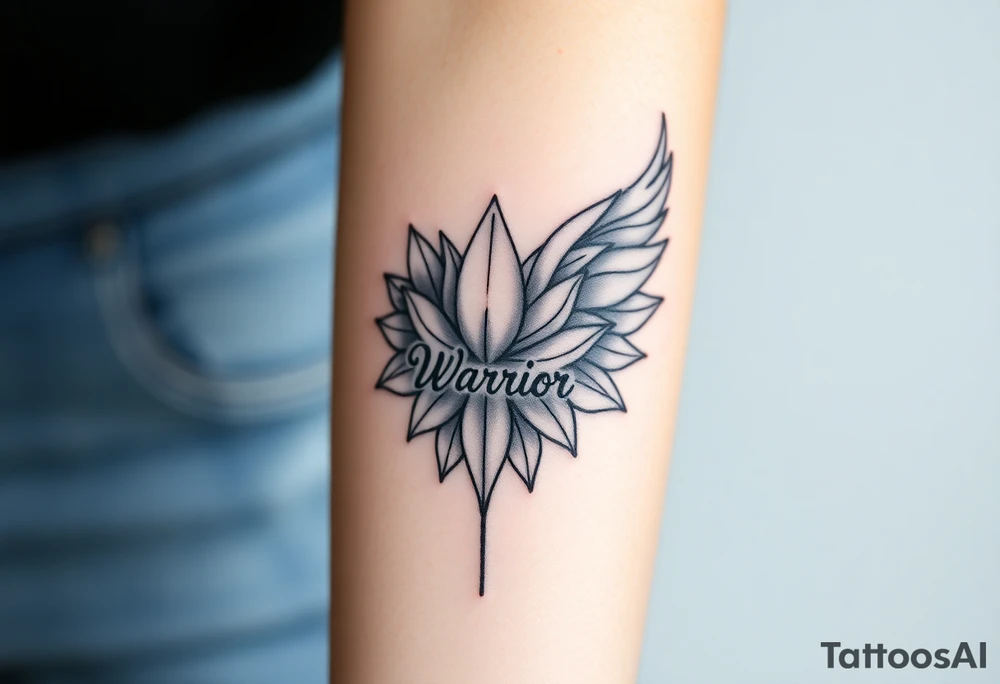 lotus flower beautiful majestic angel wing with word "Warrior" tattoo idea