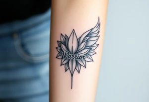 lotus flower beautiful majestic angel wing with word "Warrior" tattoo idea