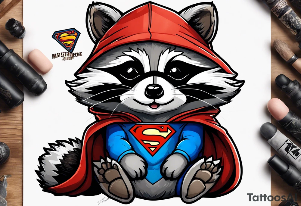 raccoon wearing a Superman hoodie tattoo idea