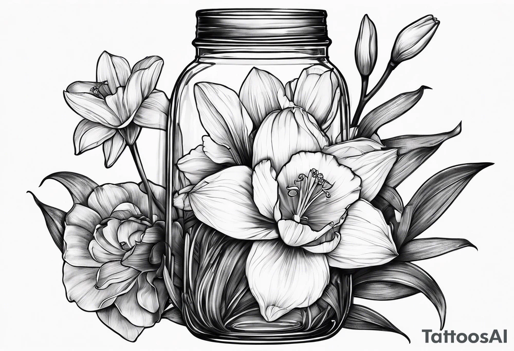 A daffodil a water lily and a morning glory in a jar tattoo idea