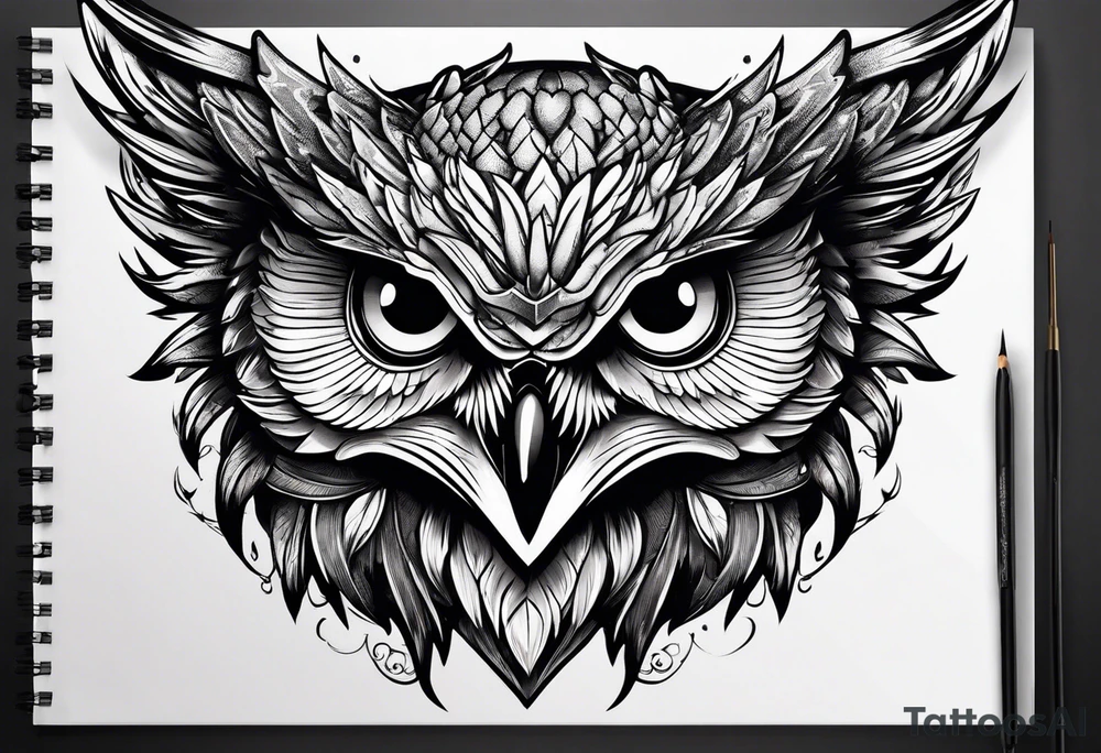 an owl head next to a winged dragon tattoo idea