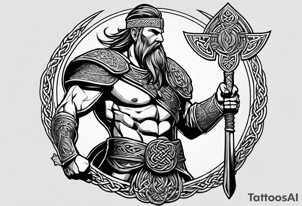 Side full body shot of Celtic warrior with weapon unsheathed. tattoo idea