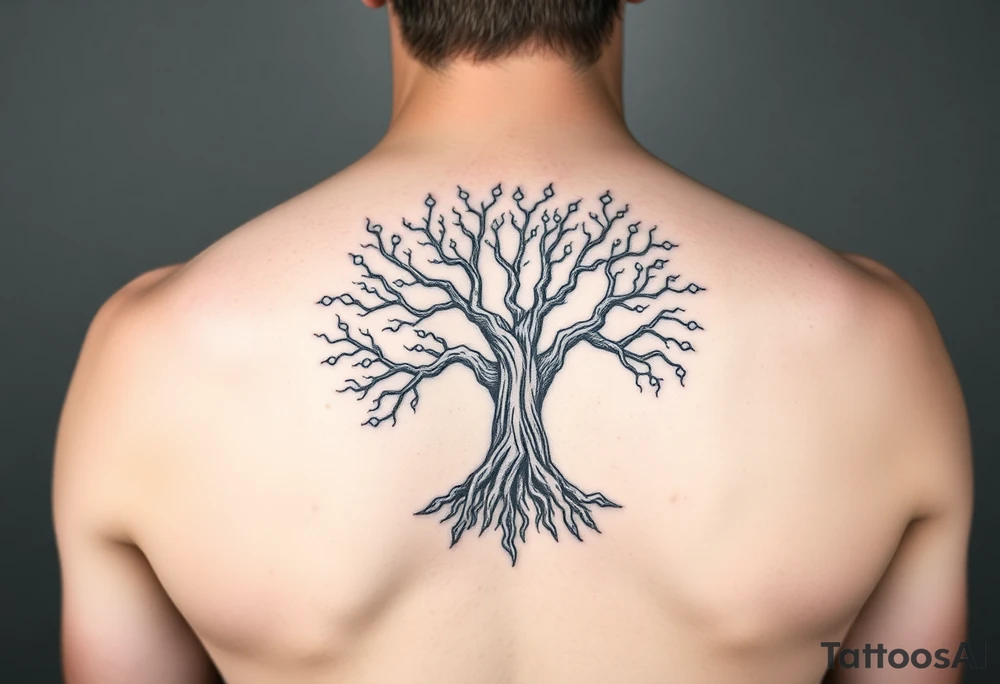 mystical tree of life with cosmic roots and celestial branches tattoo idea