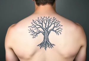 mystical tree of life with cosmic roots and celestial branches tattoo idea
